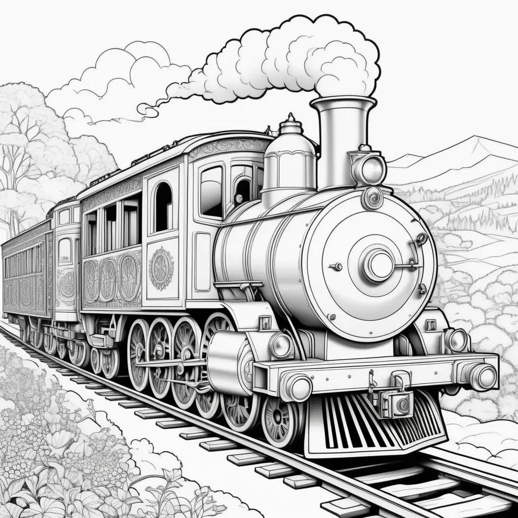 Black and white train coloring pages with mountains in background