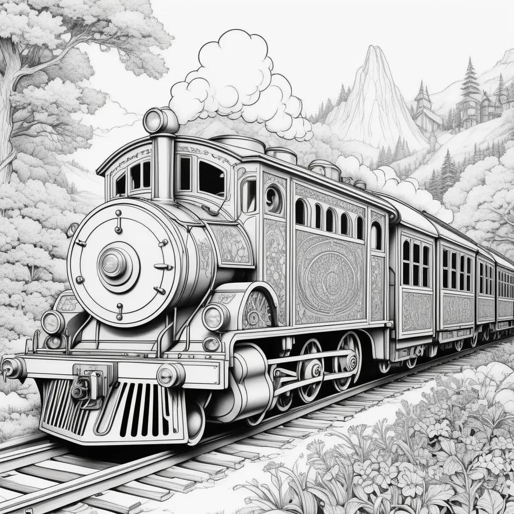 Black and white train drawing on a mountain landscape