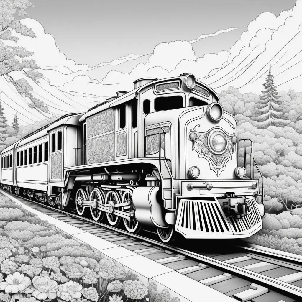 Black and white train drawing with clouds in background