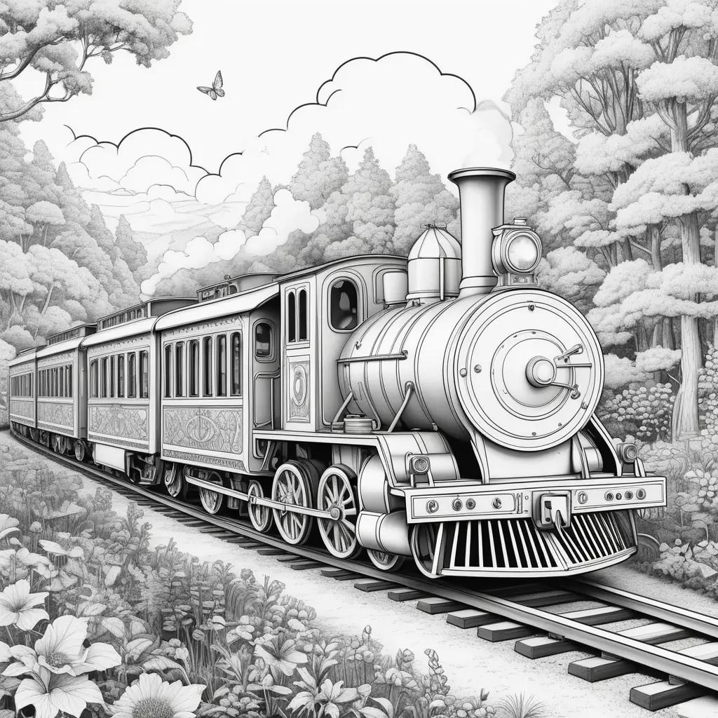 Black and white train drawing with colorful train pages