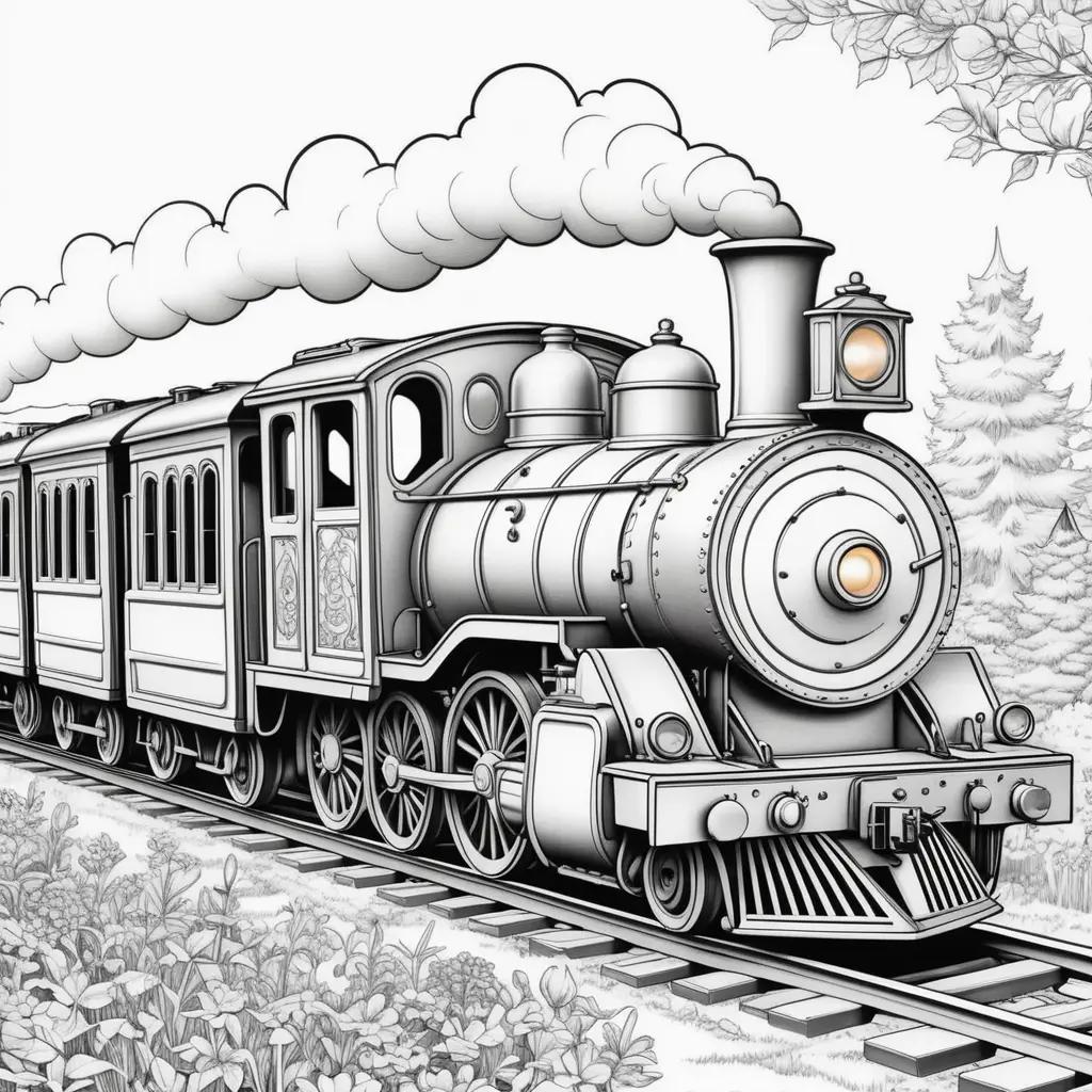 Black and white train on tracks in coloring book