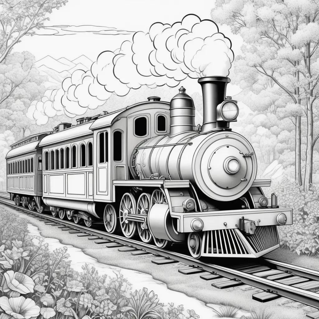 Black and white train on tracks with trees in background