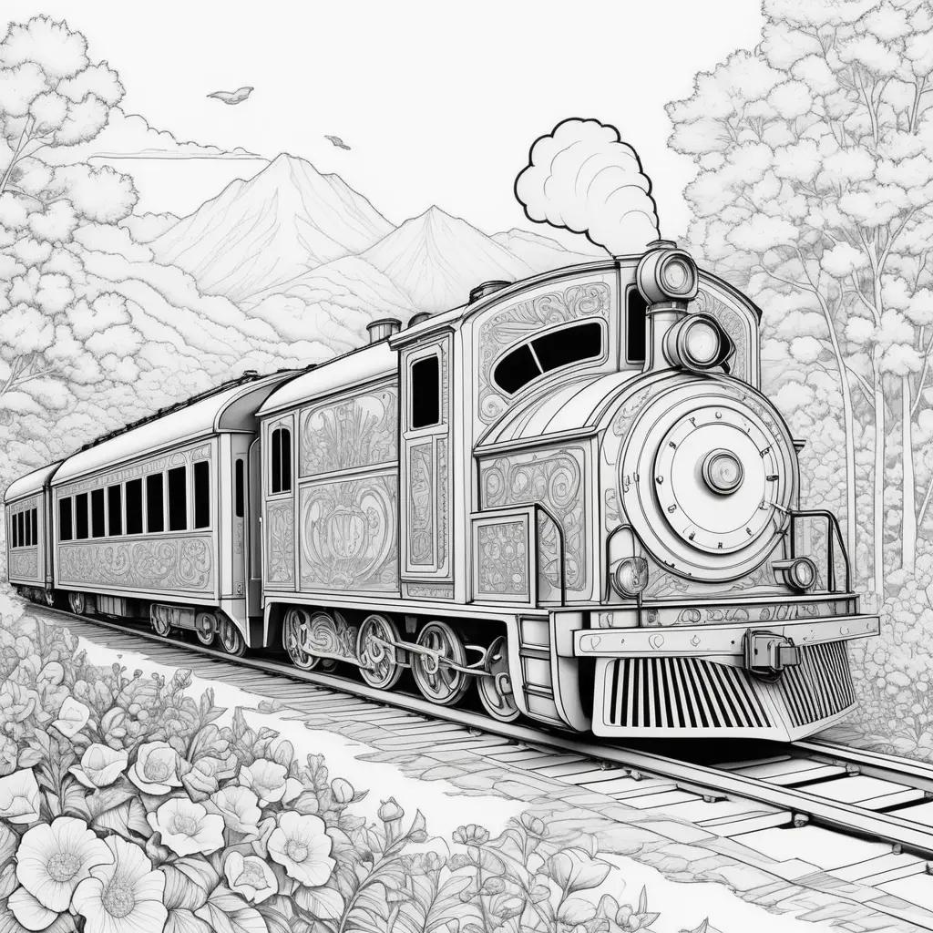 Black and white train traveling through landscape