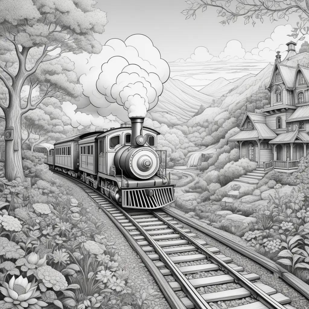 Black and white train travels through a forest