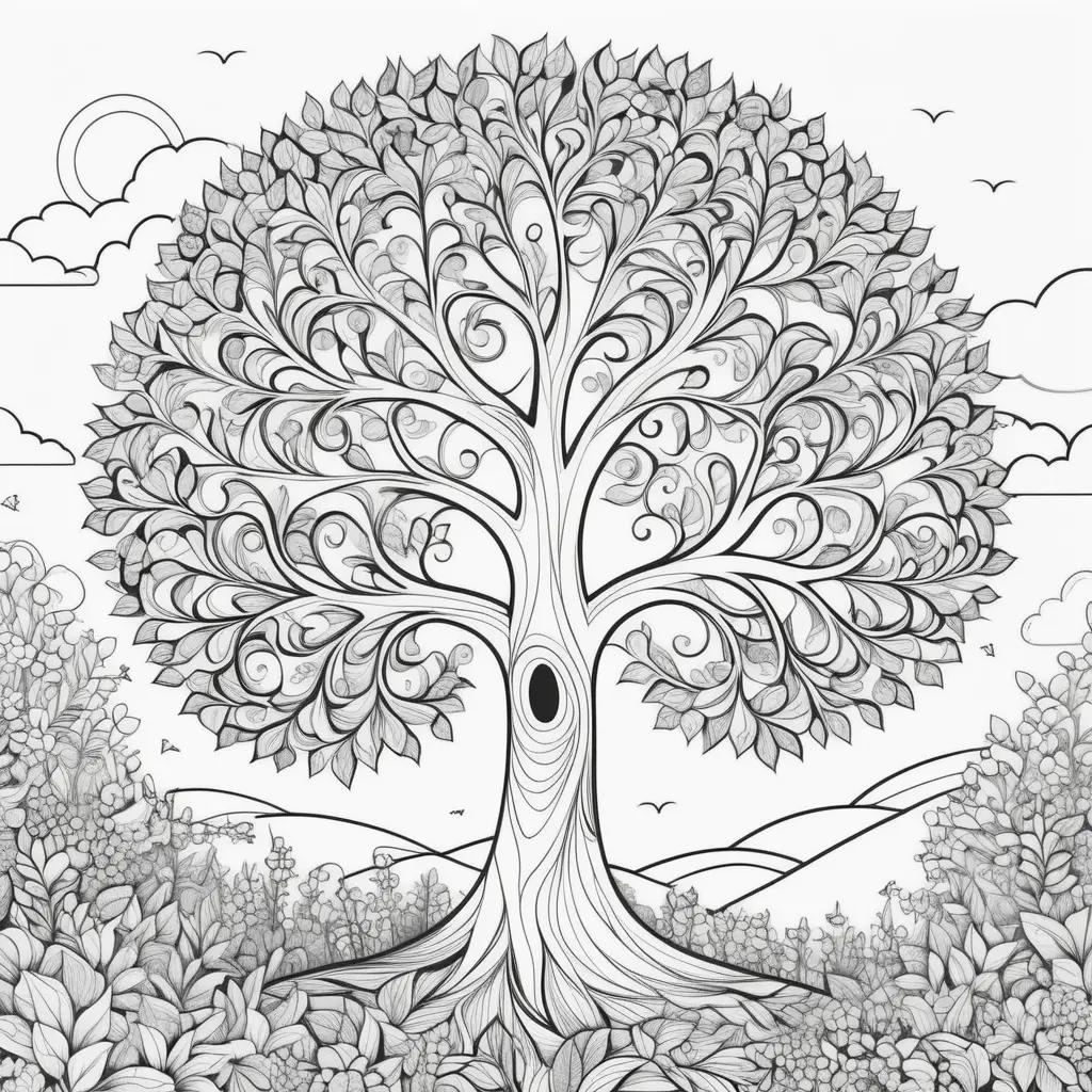 Black and white tree coloring page with leafy branches and sky