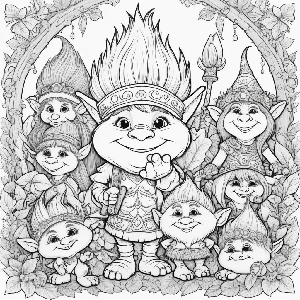 Black and white trolls coloring pages with a group of them