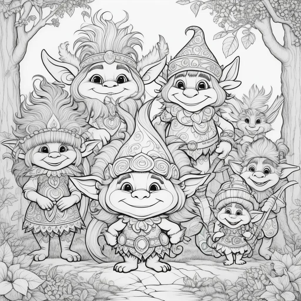 Black and white trolls coloring pages with trees