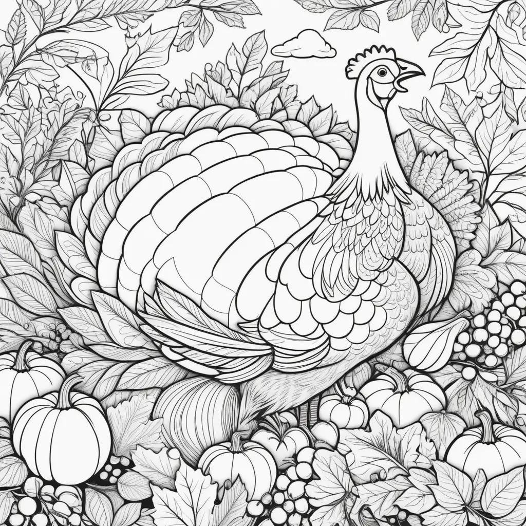 Black and white turkey and fruit coloring pages for Thanksgiving