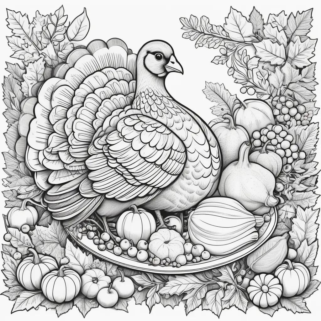 Black and white turkey and pumpkins in a Thanksgiving coloring page