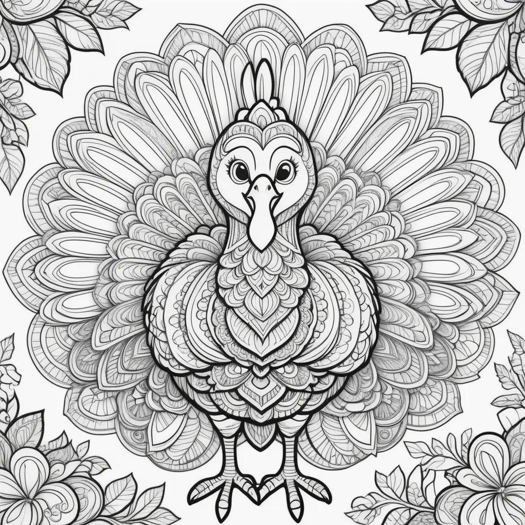 Black and white turkey coloring pages with flowers and leaves