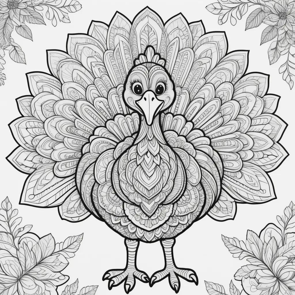 Black and white turkey coloring pages with leaves and flowers