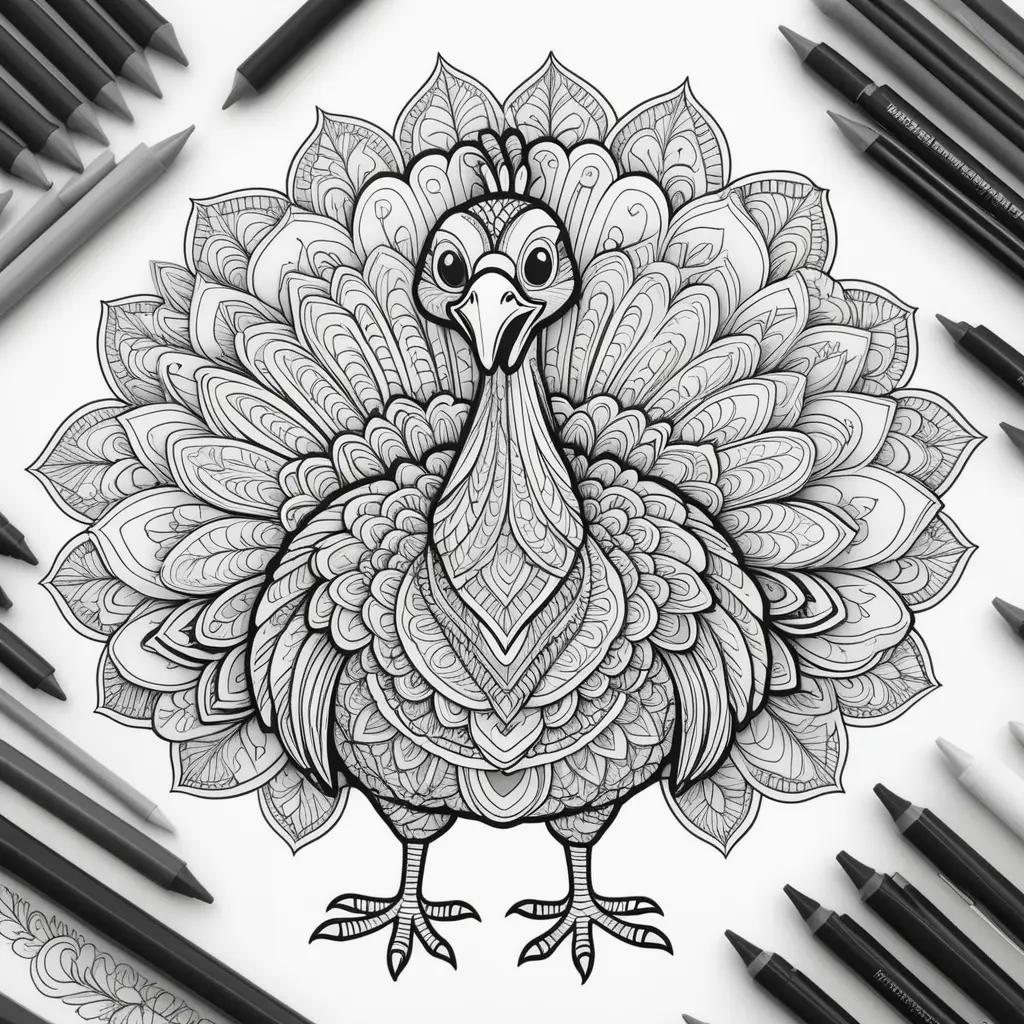 Black and white turkey coloring pages with pencils