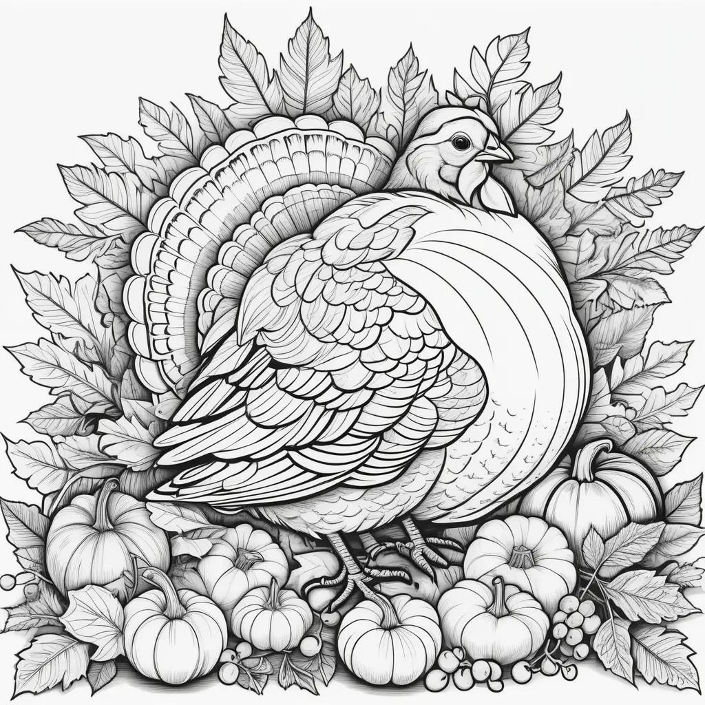 Black and white turkey on a Thanksgiving coloring page