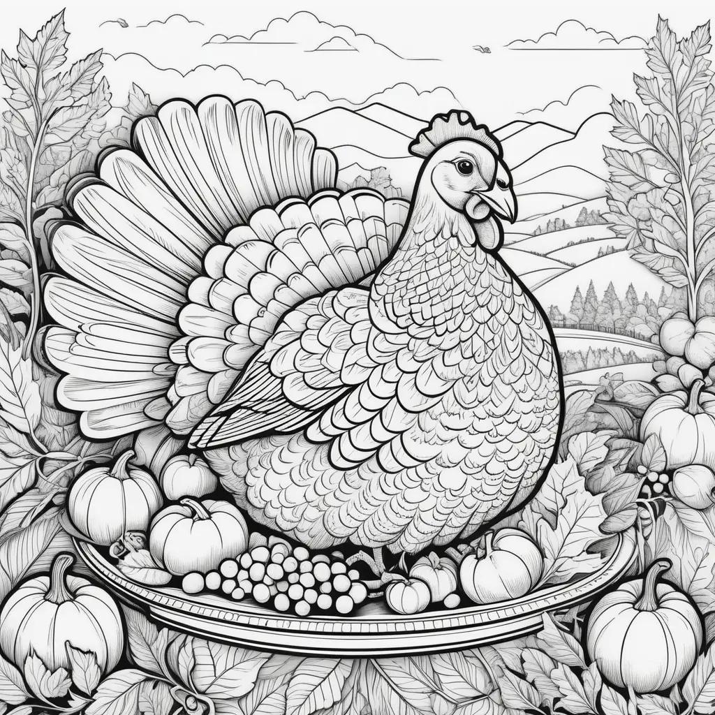 Black and white turkey on a plate with grapes and pumpkins in a field