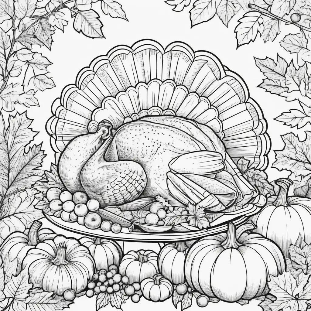 Black and white turkey on plate in a Thanksgiving coloring page