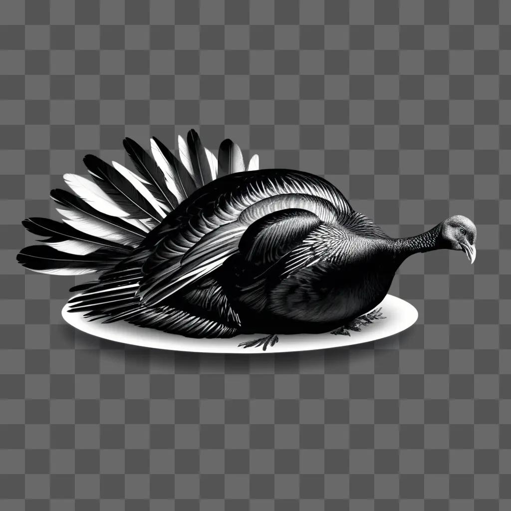 Black and white turkey on plate with feathers