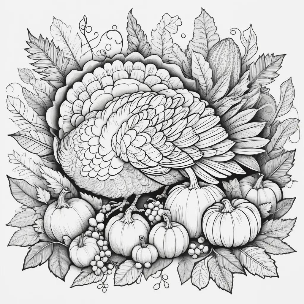 Black and white turkey surrounded by fall fruits and vegetables