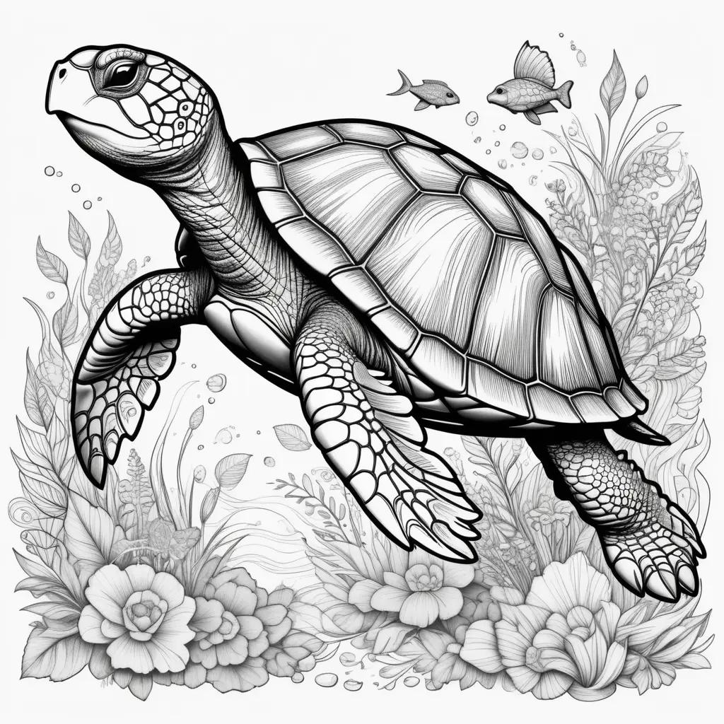 Black and white turtle coloring pages with fish and flowers