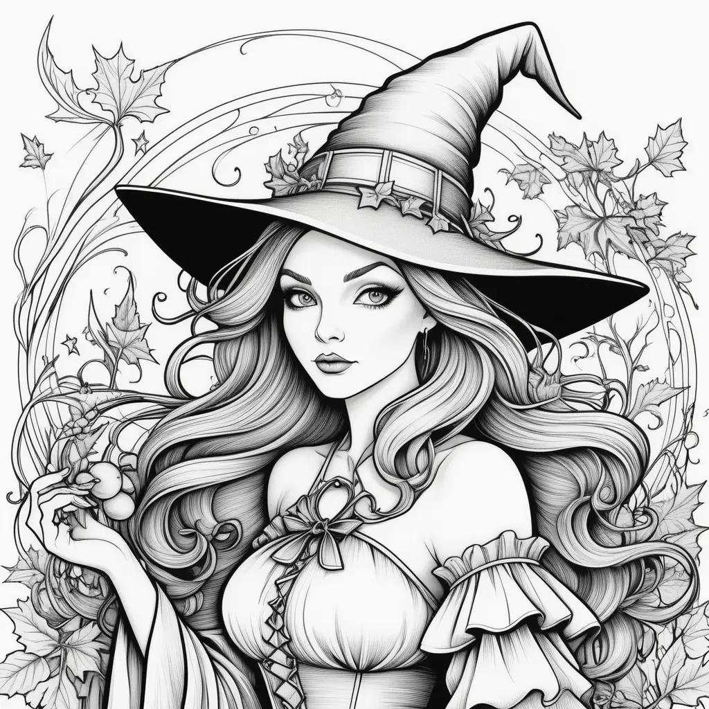 Black and white witch coloring page with leaves and flowers