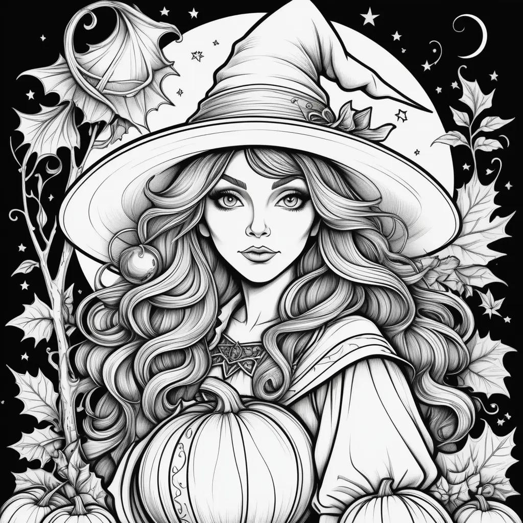 Black and white witch coloring page with leaves and pumpkins