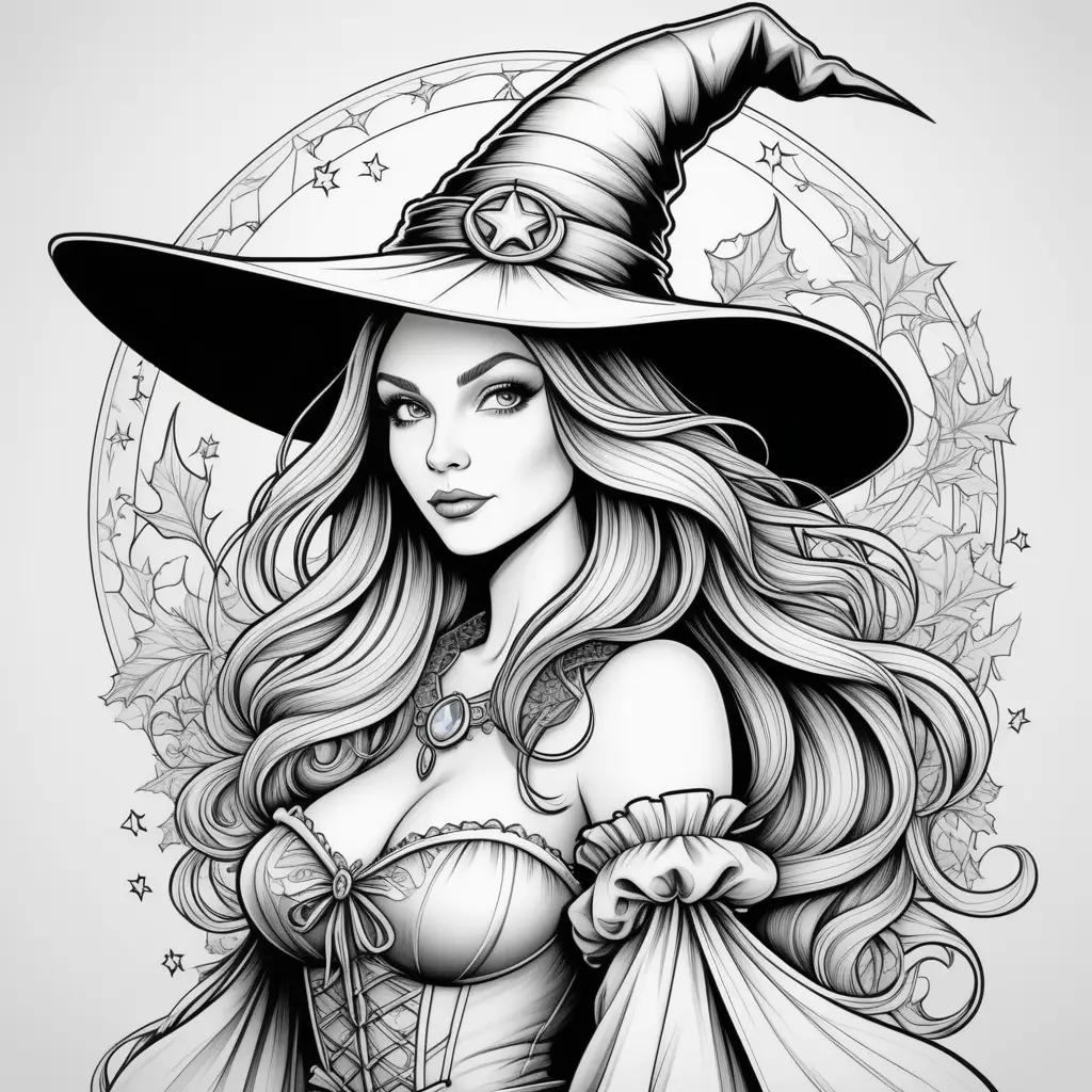 Black and white witch coloring page with stars