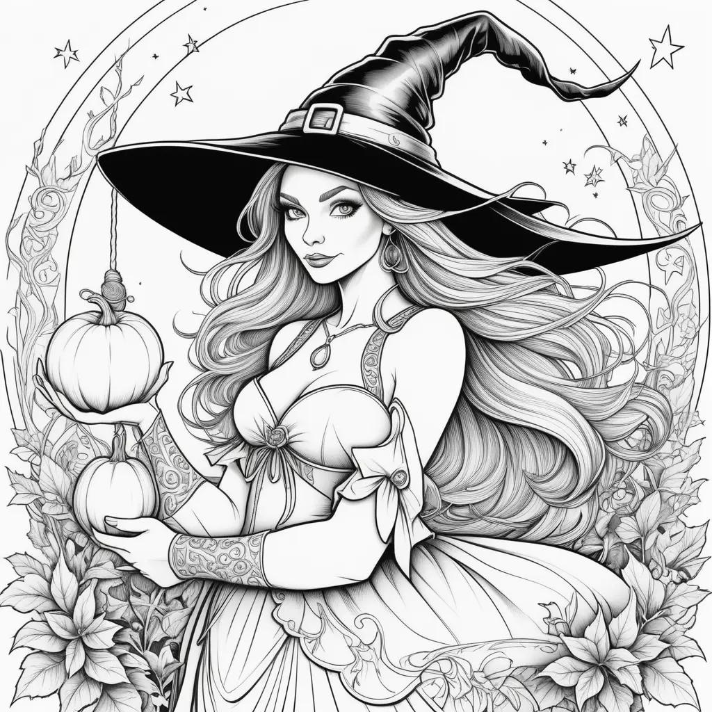 Black and white witch coloring pages featuring a young woman with a witch hat and broomstick