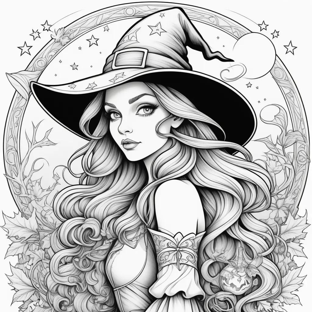 Black and white witch coloring pages for adults