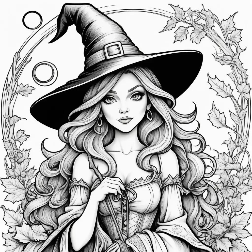 Black and white witch coloring pages with a broomstick