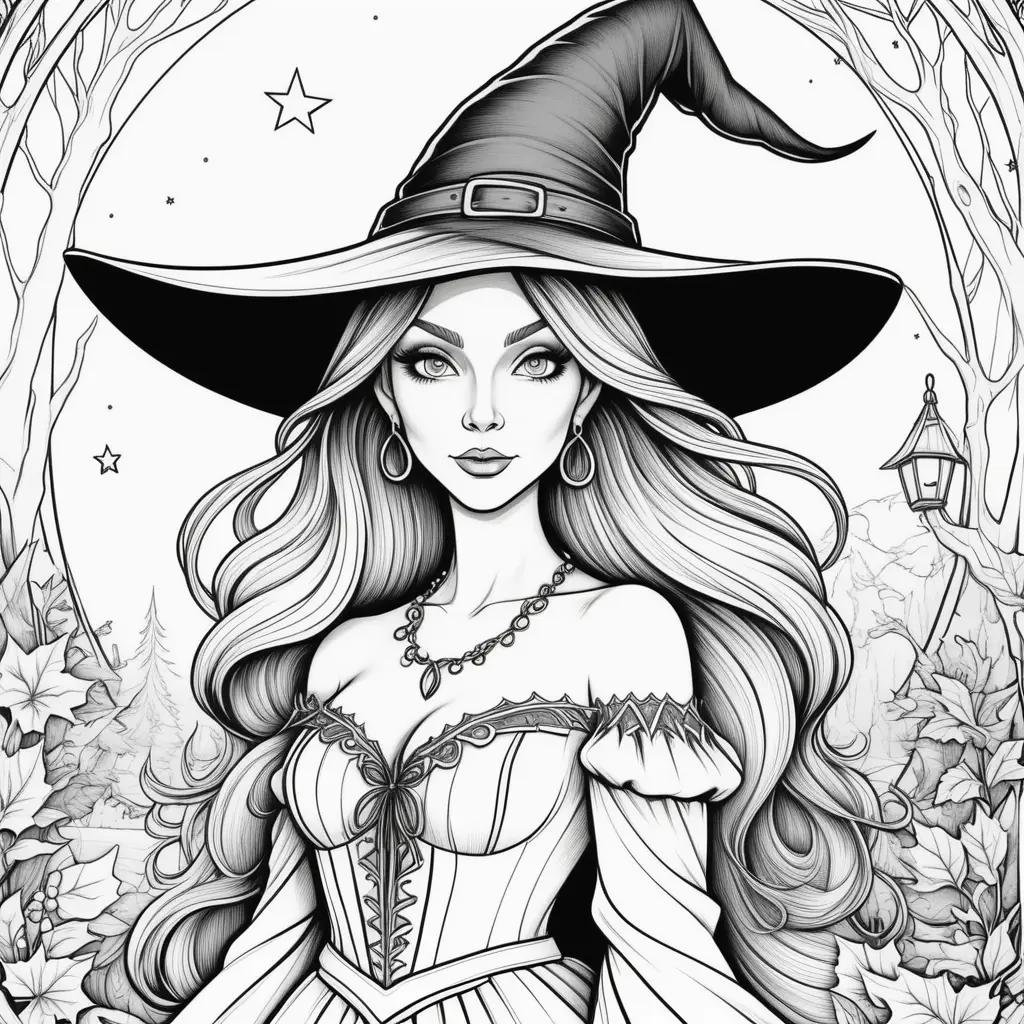 Black and white witch coloring pages with a star in the background