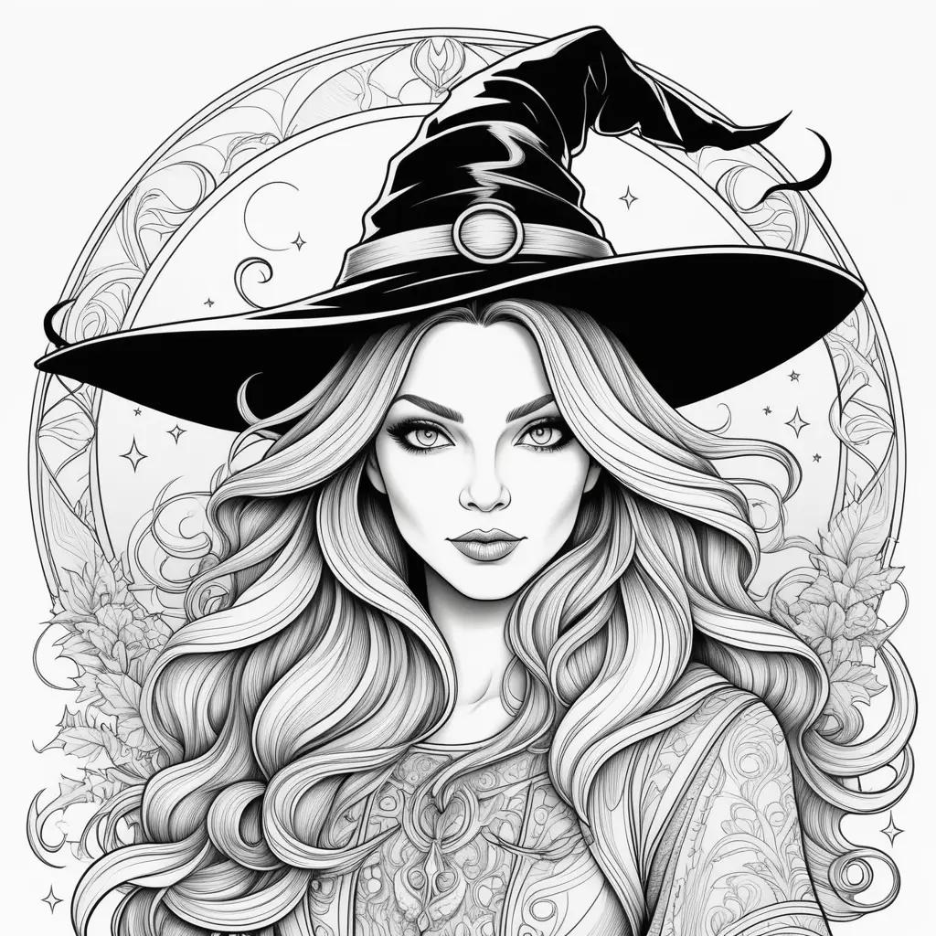 Black and white witch coloring pages with a white hat