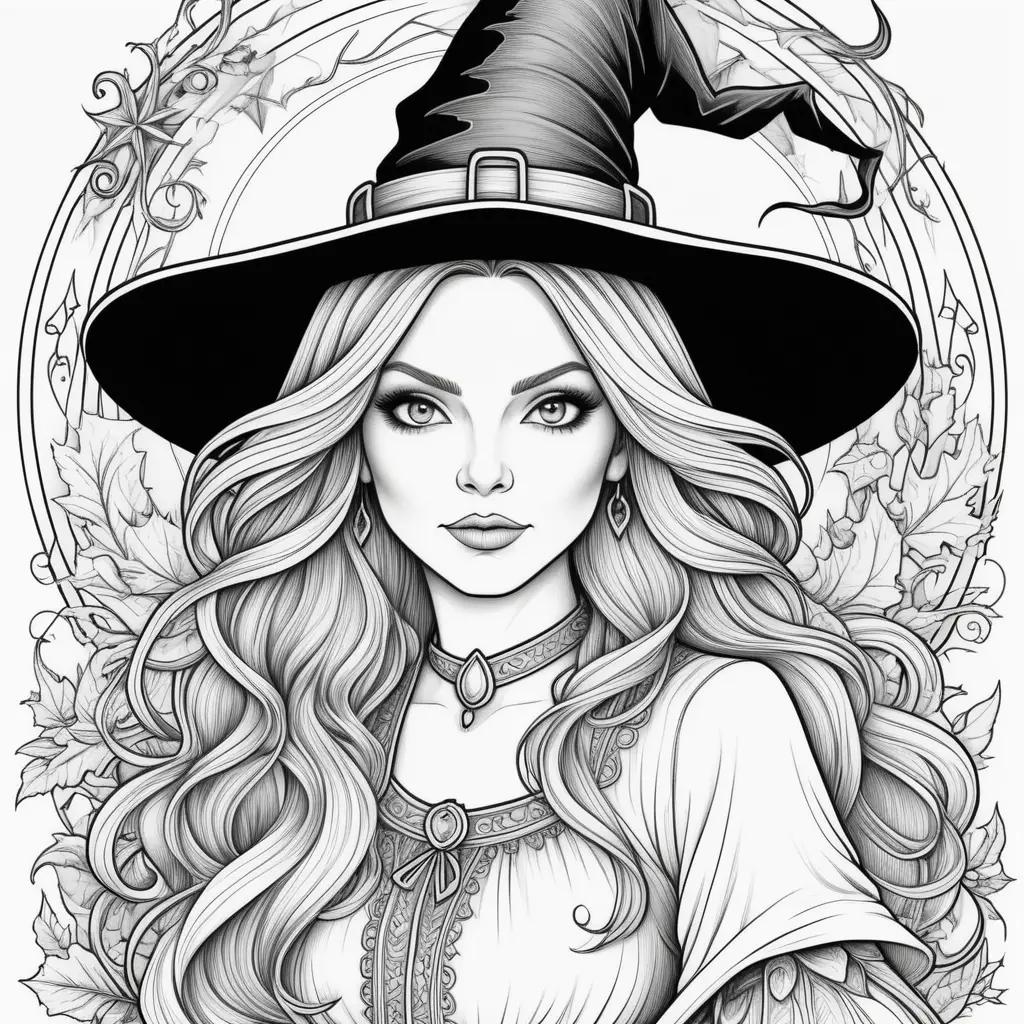 Black and white witch coloring pages with a witch hat and long hair