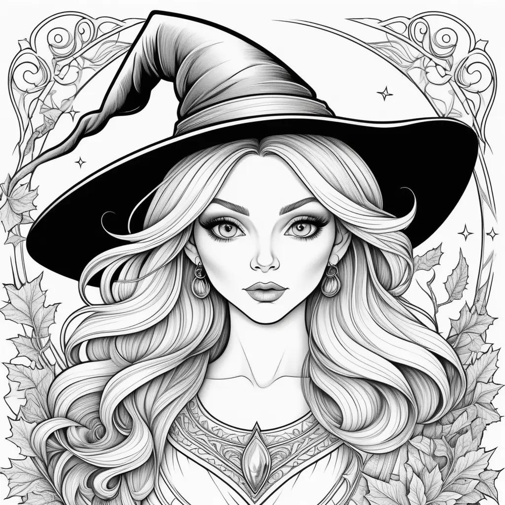 Black and white witch coloring pages with stars and leaves