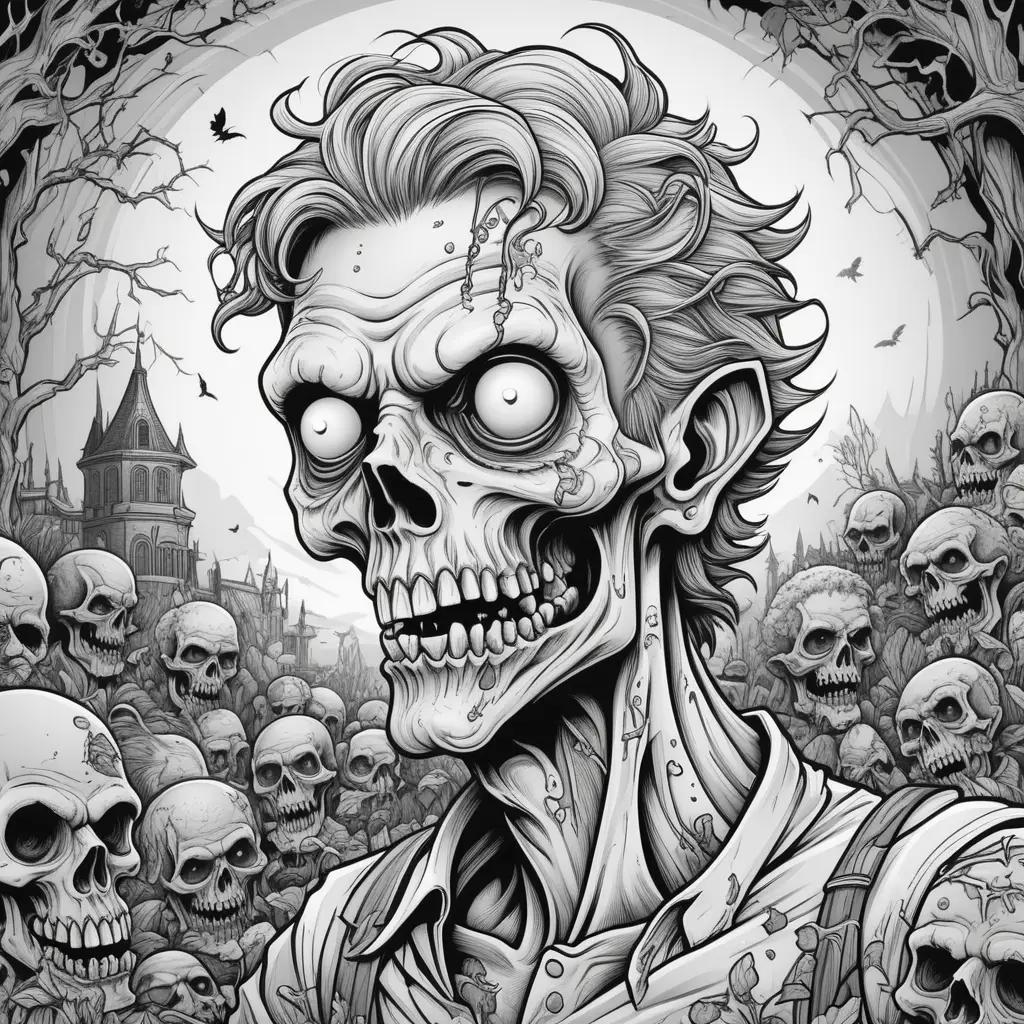 Black and white zombie color pages with skulls