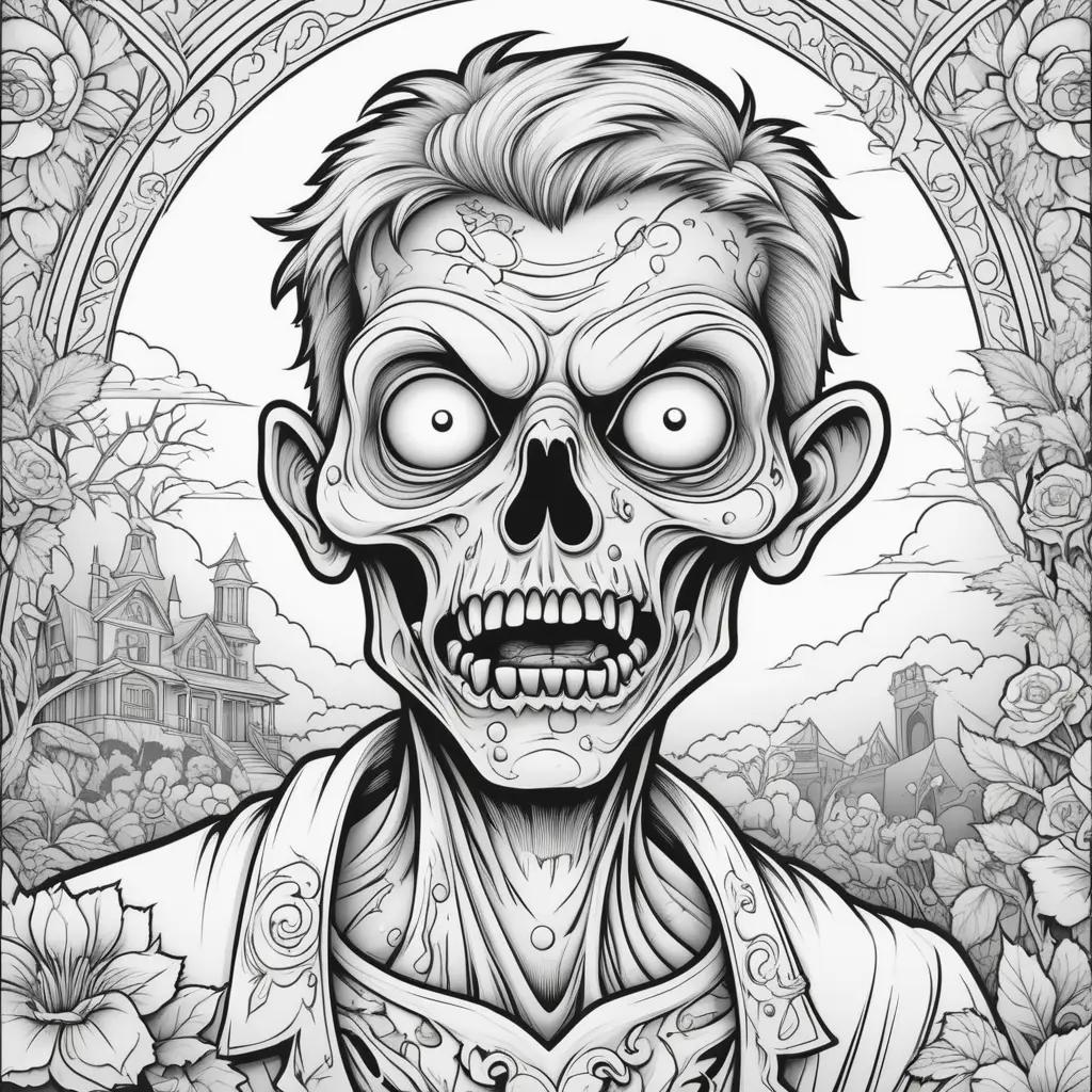 Black and white zombie drawing with flowers