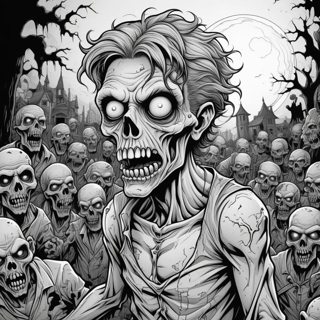 Black and white zombie drawing with many zombies