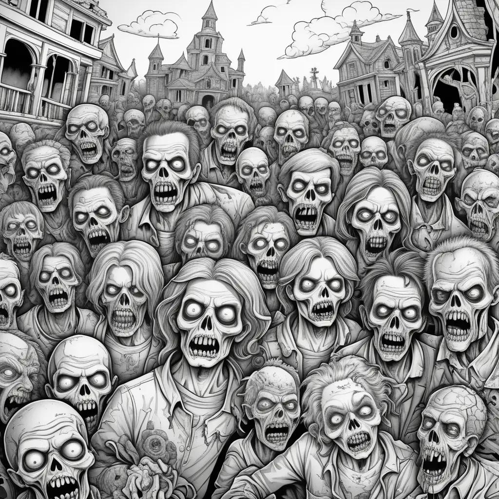 Black and white zombies in a cityscape with buildings