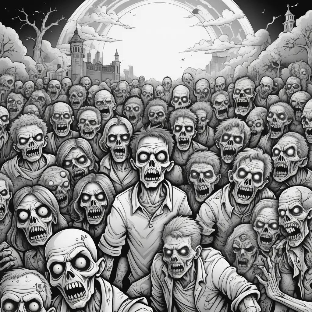 Black and white zombies in a crowded coloring page