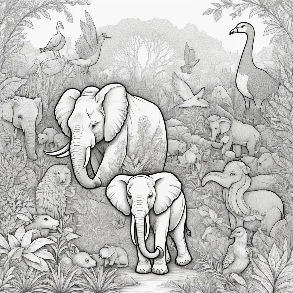 Black and white zoo animal coloring pages with a baby elephant and a bird