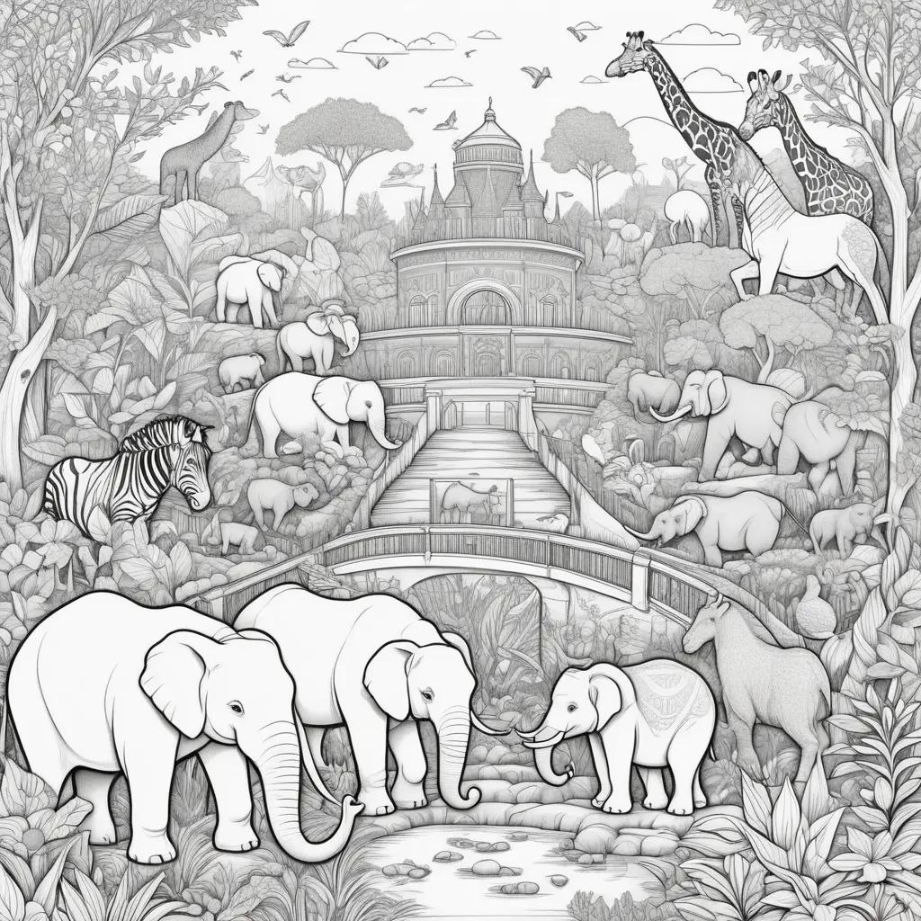 Black and white zoo coloring pages, with giraffes, elephants, and zebras