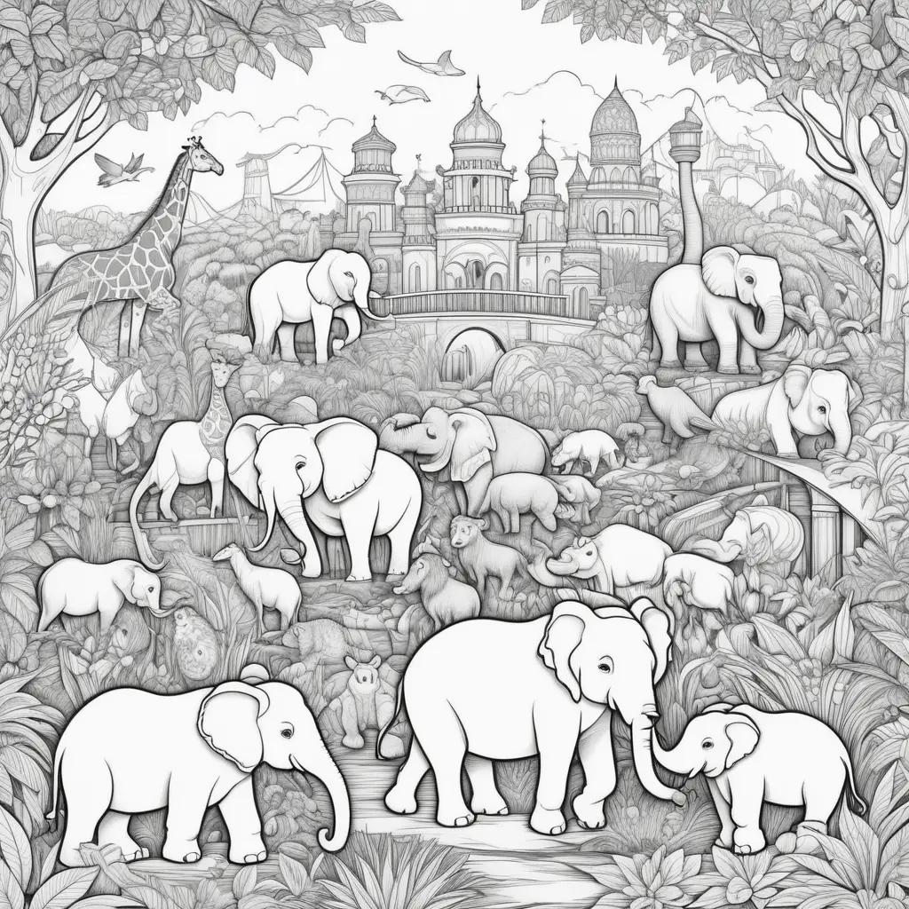 Black and white zoo coloring pages with elephants, giraffes, and other animals