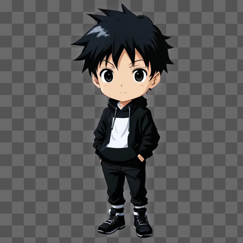 Black anime boy standing in a black hoodie