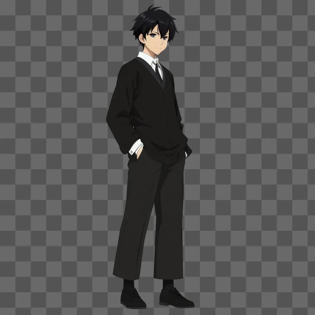 Black anime boy standing in black suit