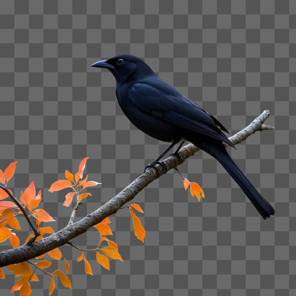 Black bird perched on a branch with orange leaves