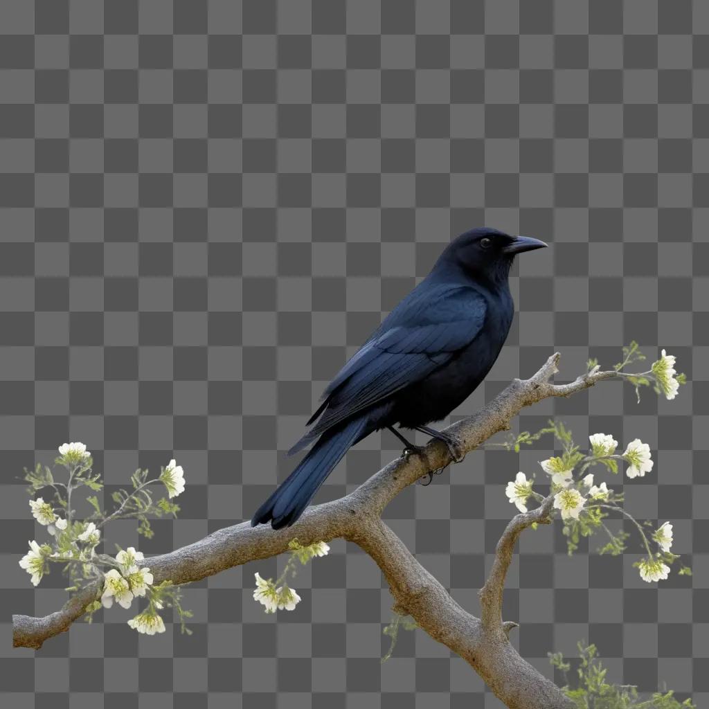 Black bird perched on a branch with white blossoms