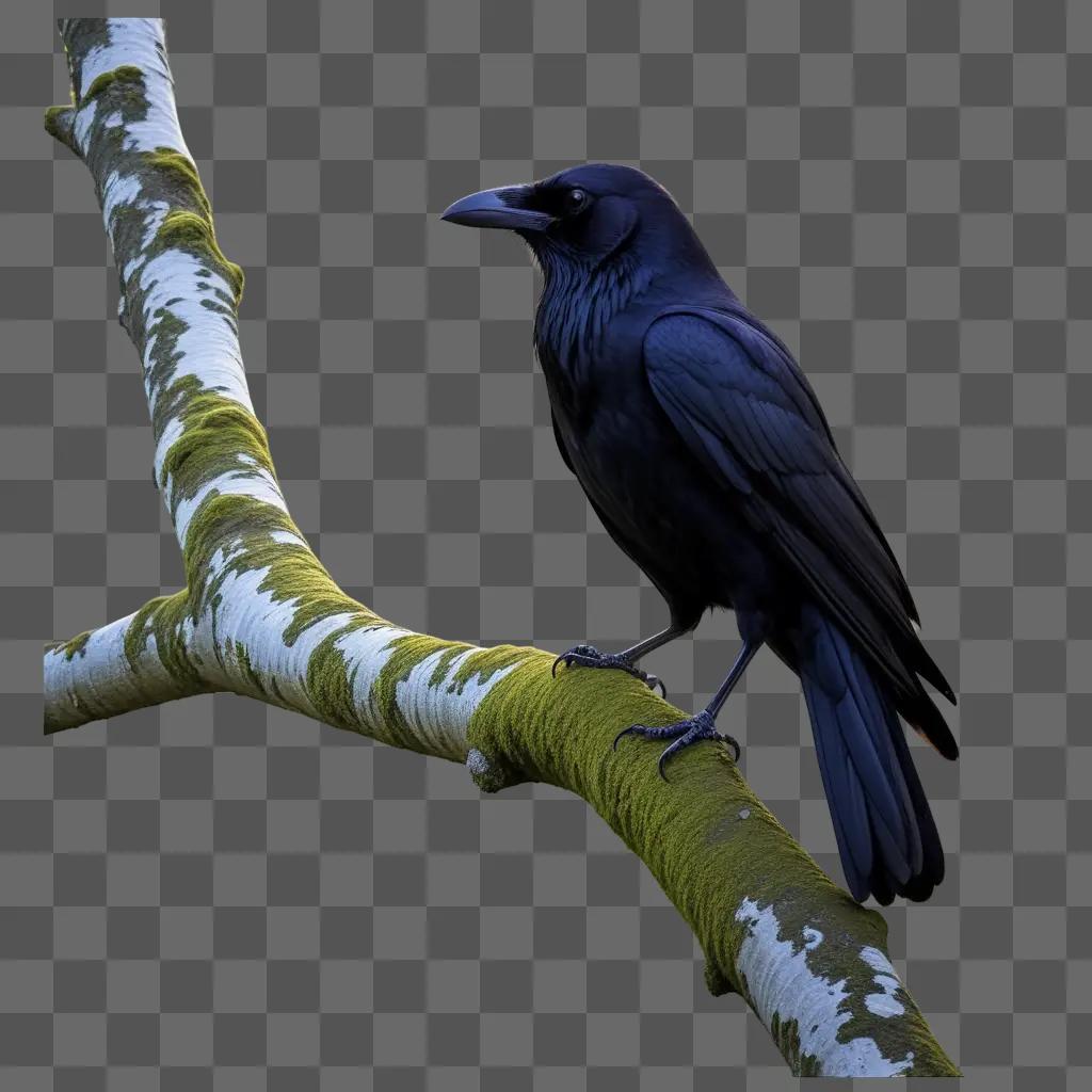 Black bird perched on branch with moss