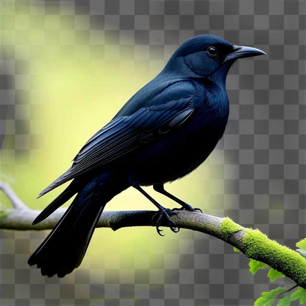 Black bird perched on green branch with moss