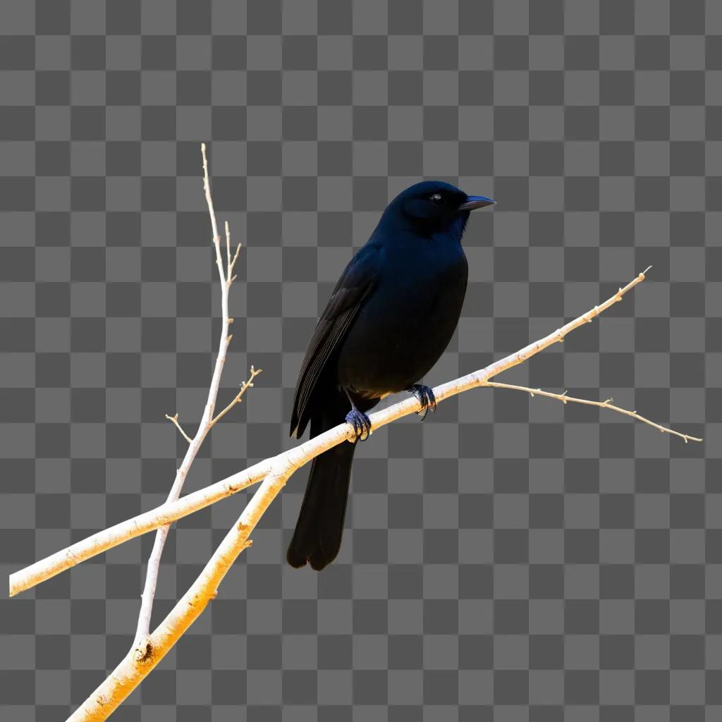 Black bird perches on a branch against a white background