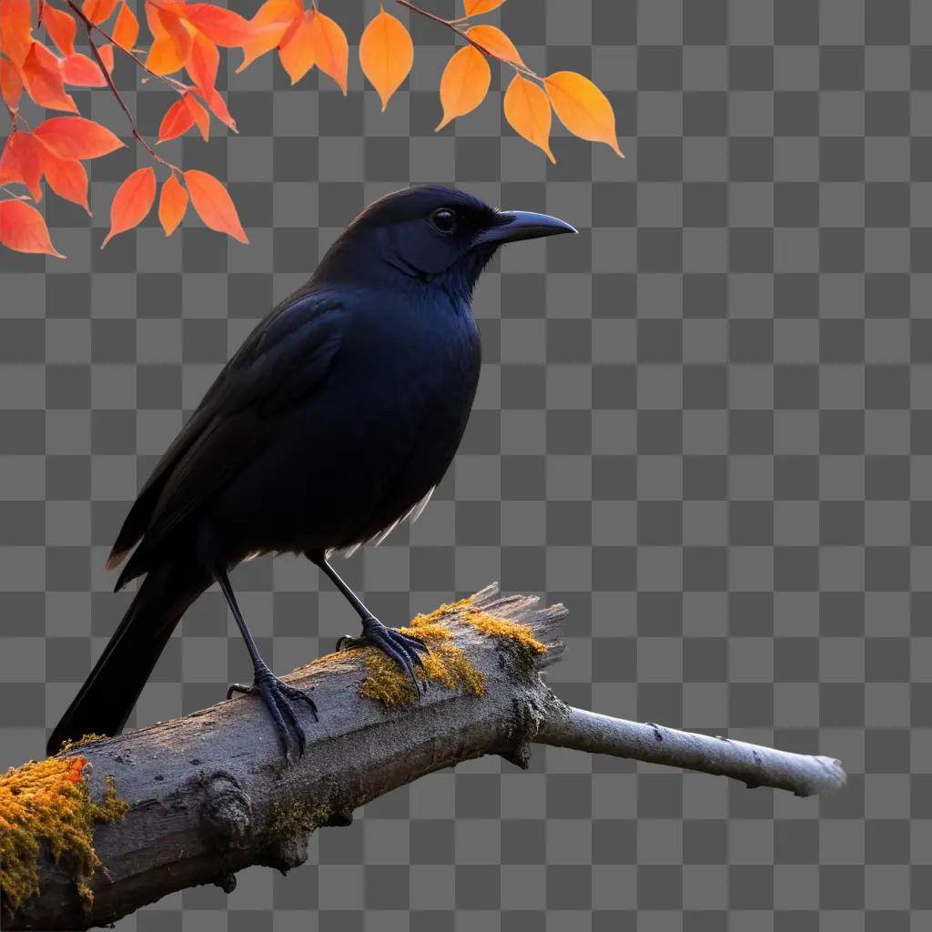 Black bird perches on branch with orange leaves