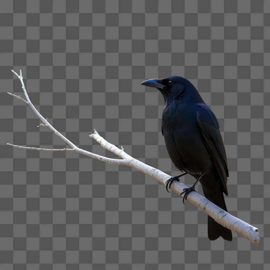 Black bird sits on a white branch