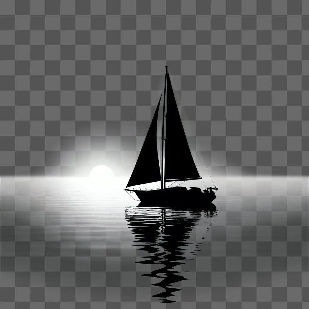 夜明けの穏やかな水面に浮かぶ黒いボートのシルエット